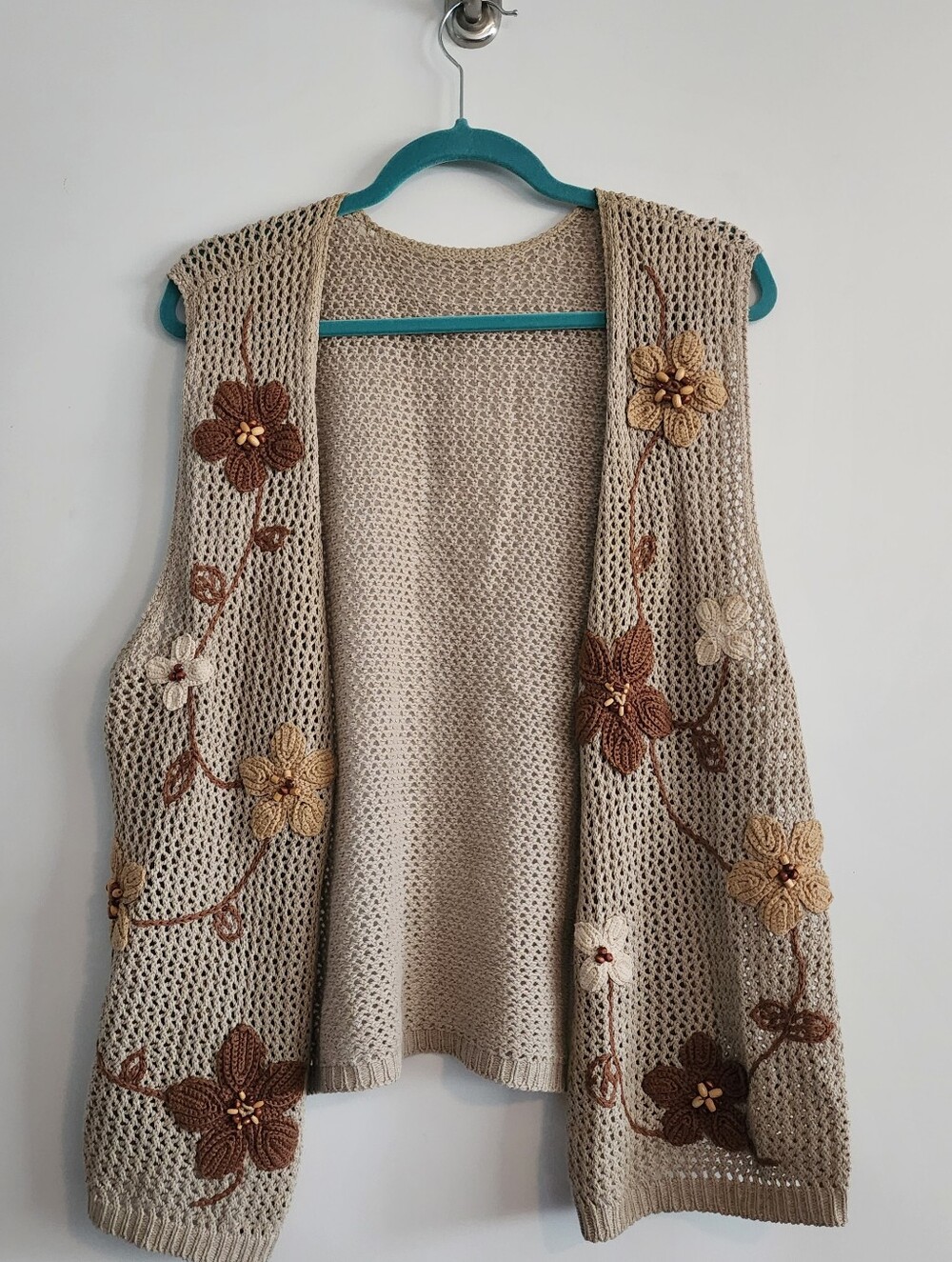 90's Beige Floral Crochet Knit Vest  No Size Tag One Size Fits Most